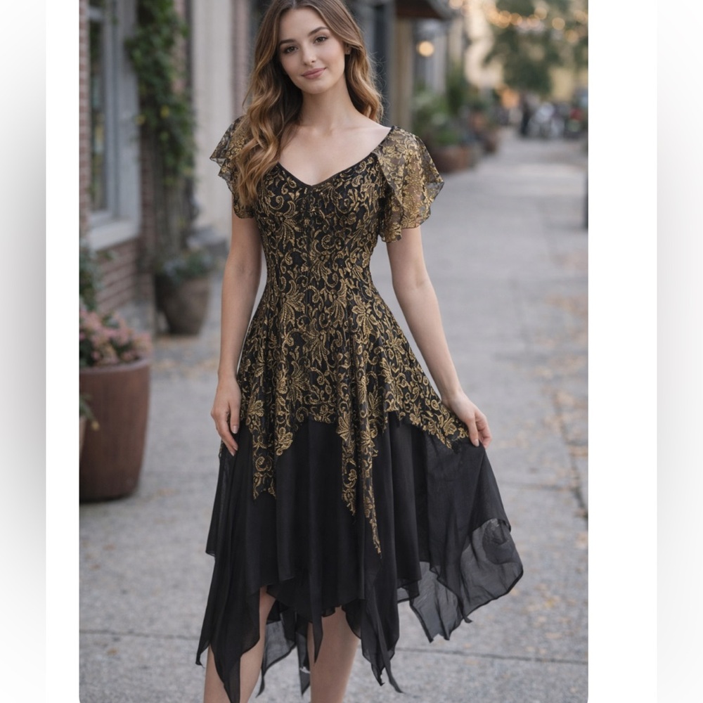 NUANCE Vintage 80s Black & Gold Tulle Overlay Whimsigoth Cosplay Dress 9 NWOT